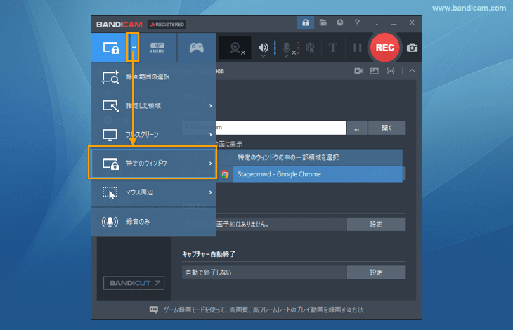 [画面録画モード - 特定のウィンドウ]を選択する