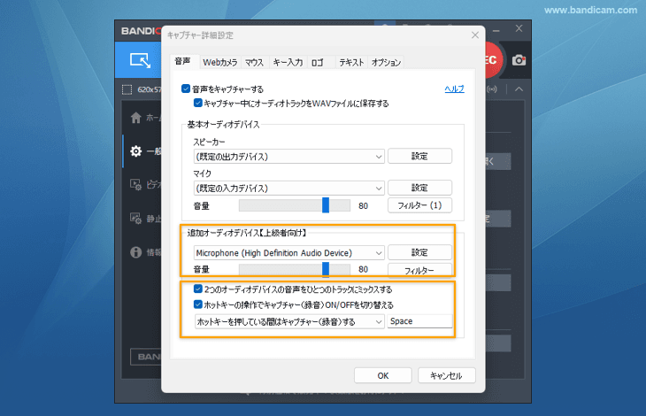 追加オーディオデバイスの録音とPush To Talk、Push To Muteミュートショートカットキー